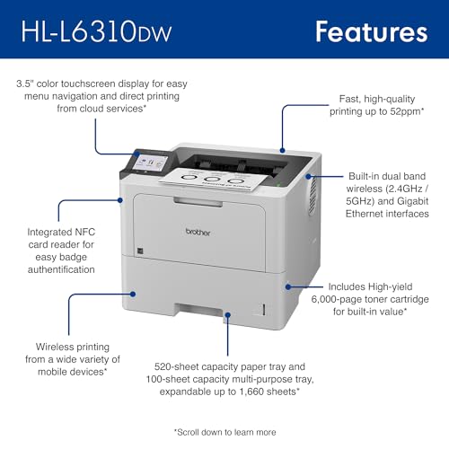 Brother HL-L6310DW Enterprise Monochrome Laser Printer with Low-Cost Printing, WirelessNetworking, and Large Paper Capacity, Works with Alexa