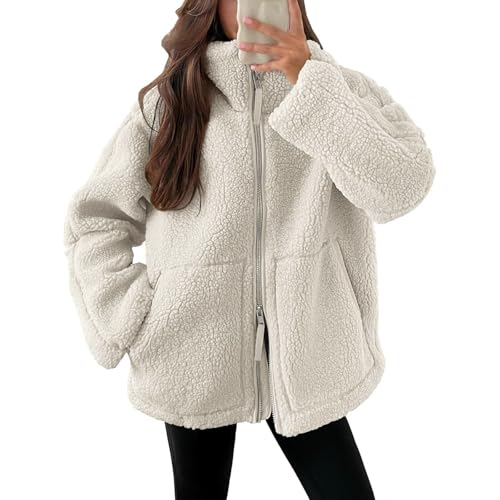 Winter Jackets for Women UK Full Zip Fleece Coats Ladies Fall Drawstring Solid Color Teddy Hooded Cardigan Warm Casual Loose Long Sleeve Fuzzy Sherpa Outwear with Pockets Beige L