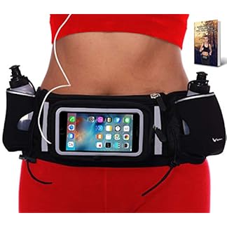 Female athlete in red sportswear wearing RunTasty running hydration belt around waist, featuring two BPA-free water bottles in side pouches, central touchscreen-compatible phone holder with iPhone, and included runners ebook for enhanced training.