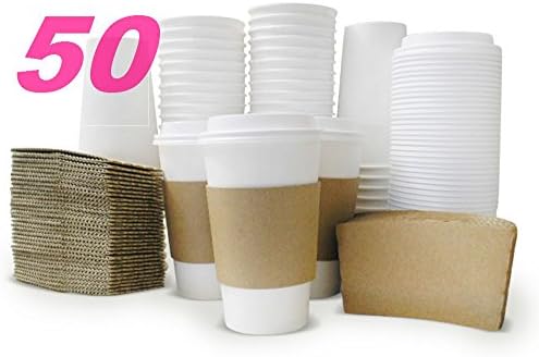 Cevonibz Paper Coffee Cups With Lids 16 OZ Hot Cups Sleeves Disposable White 50 Tea Cappuccino Latte Cocoa