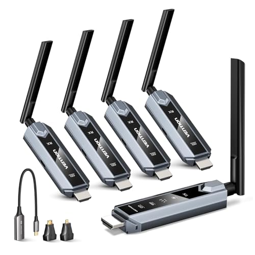 VENTION Wireless HDMI Transmitter and Receiver 656FT/200M with LED Screen, Up to 6 RXs, Thermal Control, Plug & Play Extender Kit, 4K Decoding from PC/Projector/TV Box to Monitor (1TX+4RX)