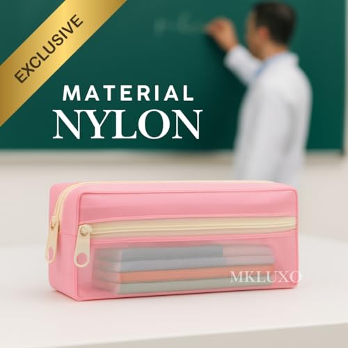 Estojo Escolar 2 Divisoria de Nylon Grande Transparente Organizador Material Lápis Caneta Borracha Papelaria Fofa Compartimento Fecho Metalico Volta as Aulas Box Necessaire Menino Menina (Rosa)