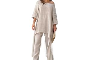 Bengbobar Womens Two Piece Set Dress Suit for Women Long Sleeve Cotton Linen Irregular Solid Crewneck Daily Wear Summer Set