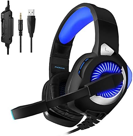 PHOINIKAS H9 Gaming Headset, Stereo Bass Surround Sound，for PS4，Xbox One，PC Mac Controller,with Noise Isolating Mic,LED Light,Volume Control Over Ear Headphones（Blue）