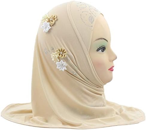 Girls Kids Muslim Hijab Islamic Arab Scarf Shawls with Flowers Diamonds Decoration for age 2-6