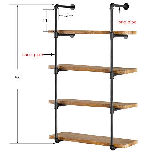 Yuanshikj 2Pc (56" Tall 12"deep,3/4") Industrial Wall Mount Iron Pipe Shelf Shelves Shelving Bracket Vintage Retro Black DIY Open Bookshelf Storage Office Room Kitchen (2 Pcs 5Tier Hardware Only)