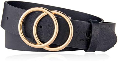 QISHI YUHUA Women's Black Genuine Leather Belts Double Ring Gold Buckle