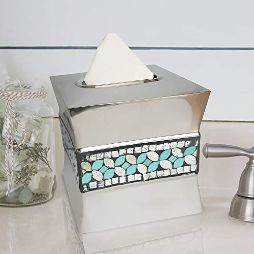 nu steel SF9H Sea Foam Collection Curved Shape Paper Facial Tissue Box Holder for Bathroom Vanity Countertops, Bedroom Dressers, Nightstands, Desks and Tables, Glass Mosaic with Aqua Finis