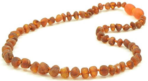 Baltic Amber Teething Baby Necklace - Hand-Made from Raw Genuine Baltic Amber Beads - Raw Cognac Amber - 14.1 inches (36 cm)