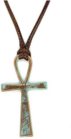 Urban Moon Copper Ankh Verdigris Patina Men's Pendant Necklace Brown Cord 18-19.5 Inches