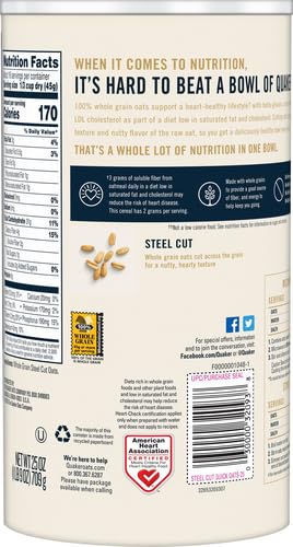 QUAKER STEEL CUT OATMEAL, QUICK 3 MINUTES TO PREPARE, BREAKFAST CEREAL, 25 OZ
