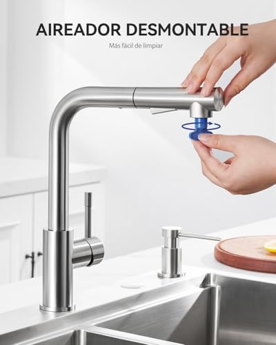 Sofetiy Kitchen Faucet Extendable Kitchen Faucet with Shower Two Types of Water Jet High Pressure Kitchen Faucet Brushed Stainless Steel Single Handle Kitchen Faucet 360° Rotation | Two kinds of water jet, 360° rotation, hot and cold water, stainless steel, single lever sink faucet