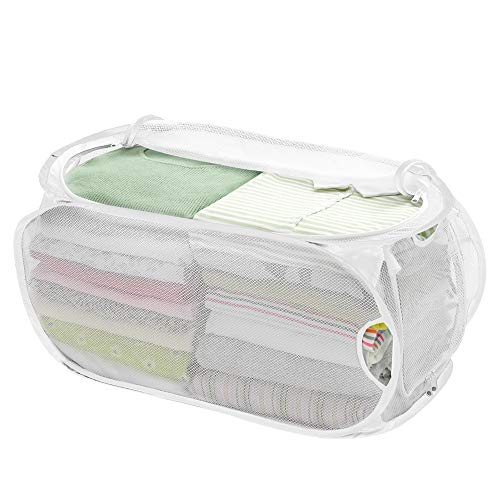 Smart Design Mesh PopUp Flip Laundry Hamper & Basket 2 in 1 w/ Handles & Side Zipper