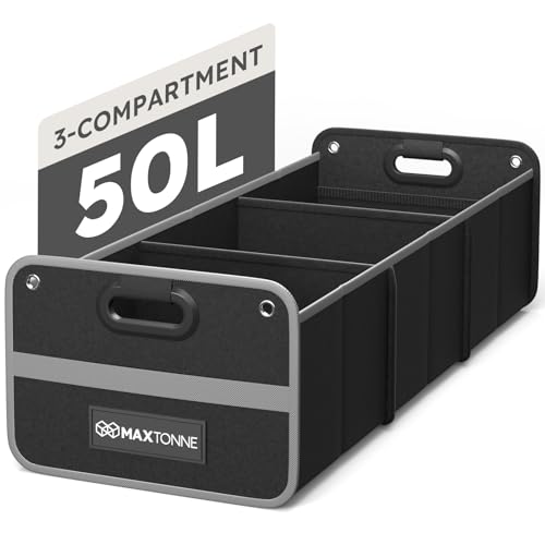Maxtonne Car Boot Organiser, Heavy-Duty 600D Oxford Collapsible Storage Box with 3- Compartments & Securing Straps, Foldable Tidy for SUV/Hatchback/Estate Car (50L)
