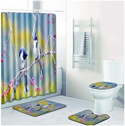 Blisfille 4 Piece Shower Curtain Set Bath Mats Microfibre Shower Curtain + Bathroom Carpet + Toilet Cover Carpet + Contour Rug Bird & Style 57