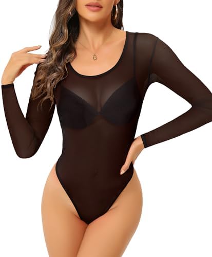 トップス josemoon SHEER BODY SUITS JomeDesign Women's Long Sleeve Sheer Mesh Black Bodysuit Tops