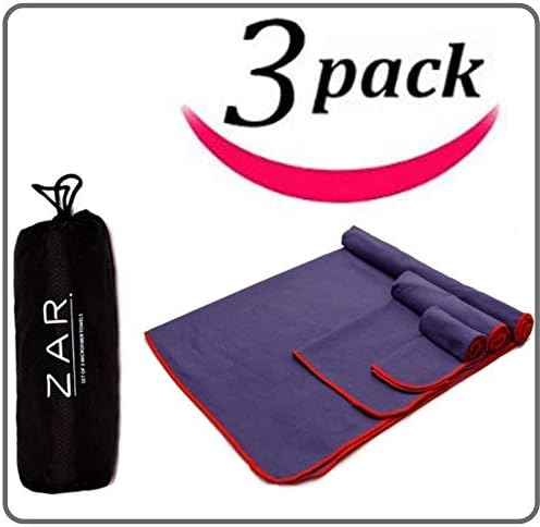 Zar Set of 3 Microfiber Premium Quick Dry Travel Towels - Ideal for Travel, Beach, Camping, Yoga, Gym, Backpacking, Sport. Compact with Mesh Bag. Fast Drying, Super Absorbent