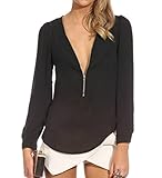 Sunnow Womens Long Sleeve V Neck Zipper Sexy Chiffon Pullover T-shirt Blouse
