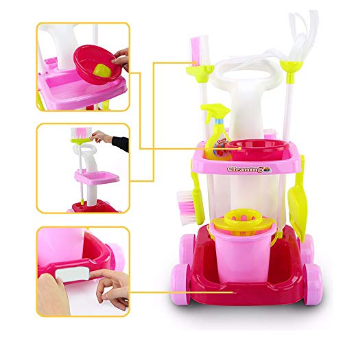 Alapaste Kids Cleaning Trolley Playset Toy Children Pretend Little Helper Housekeeping Mini Cleaning Carts Play with Mops and Buckets, Brooms for Ages 3 Up - Thumbnail 4
