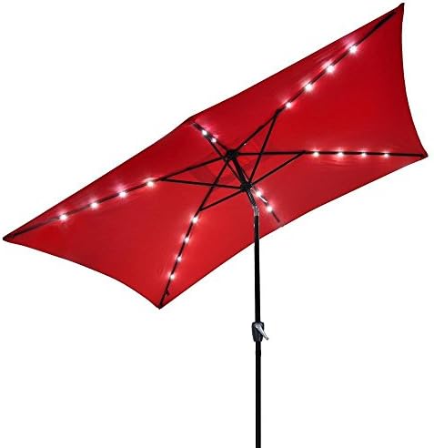 10'x6.5' Red Solar Aluminium Rectangle Tilt Patio Umbrella 20 LEDs