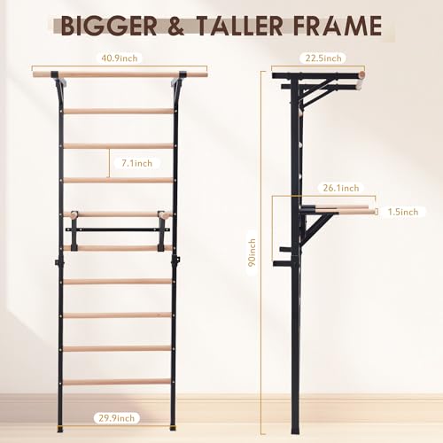 Morohope Solid Beechwood Stall Bar, 90" Swedish Ladder Wall Gym with Pull-up Bar & Dip Station, 220lbs Capacity Wall Mounted Gymnastics Ladder for Adult Home Gym, Stretching & Bodyweight Training