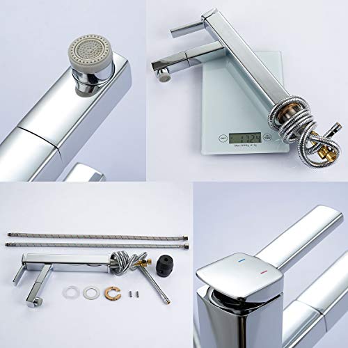 KAIYING Pull Down Bathroom Sink Faucet, Modern Lavatory Vessel Sink Faucet, Utility Single Hole Kitchen Sink Faucet with Pull Out Sprayer, Commercial Basin Mixer Tap, Brass (Tall, Chrome)