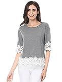 Allegra K Women's Casual Round Neck Half Sleeve Lace Trim Crochet Top T Shirt