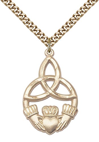 Gold Filled IRISH KNOT / CLADDAGH Pendant 1 1/4 X 3/4 inches with Heavy Curb Chain