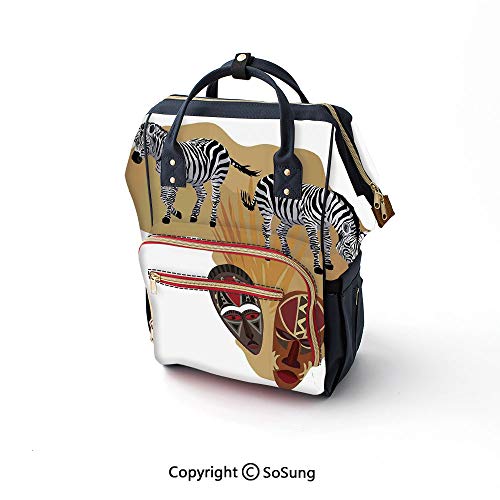 Safari Diaper Bag Backpack,Illustration of Native Ethnic Icons and Traditional Ceremonial African Mask Zebra Multifunction Travel Back,16.5x10.6x6.7inch,Multicolor - Thumbnail 5