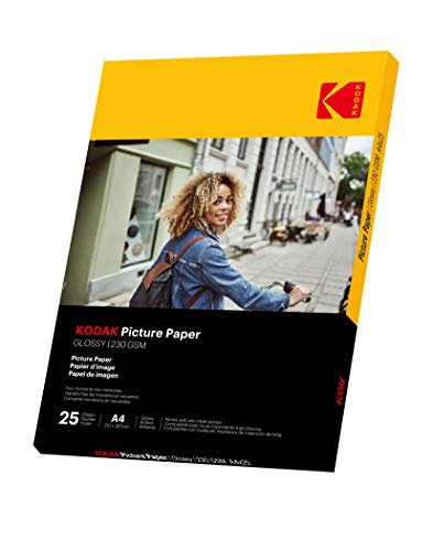 KODAK Picture Paper - Carta Fotografica Lucida, Confezione da 25 Fogli, Formato A4 (21x29,7 cm), 230g/m², Ideale per Stampa a Inchiostro, Colori Vivaci e Contrasto Elevato, Finitura Alta Qualità