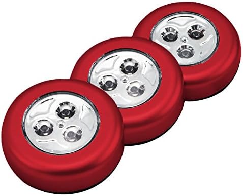 Techno Earth LED Battery-Operated Stick-On Tap Push Light for Night, Closets, Attics, Garages, Car, Sheds, Storage Room, 3 Pack (Red)