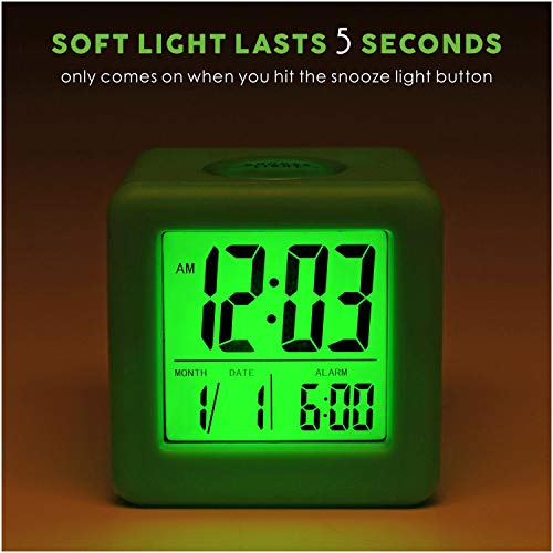Plumeet Easy Setting Digital Travel Alarm Clock with Snooze, Soft Nightlight, Large Display Time/Date/Alarm, Ascending Sound Alarm/Handheld Sized, Best Gift for Kids (Neon Green)