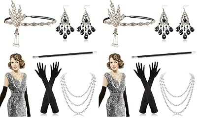 Alintor 1920s Flapper Accessories Women Great Gatsby Headpiece Black Gloves