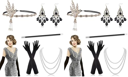 Alintor 1920s Flapper Accessories Women Great Gatsby Headpiece Black Gloves
