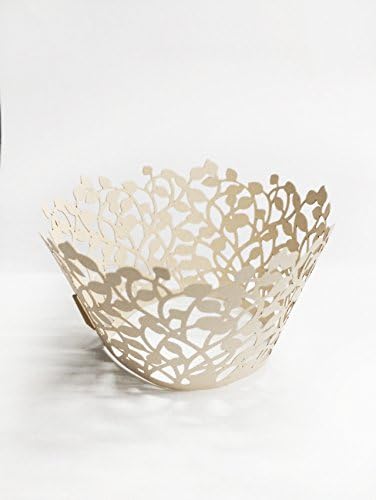 HUAL Cupcake Wrappers 50 Filigree Artistic Bake Cake Paper Cups Small leaves Lace Laser Cut Liner Baking Cup Muffin Case Trays for Wedding Party Birthday Decoration (White gold)