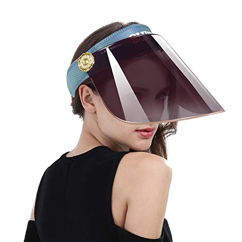 Women Anti-UV Visor Hat UPF40+ Solar Full Face Plastic Shield Headband Sun Protection Riding Cap (Blue)