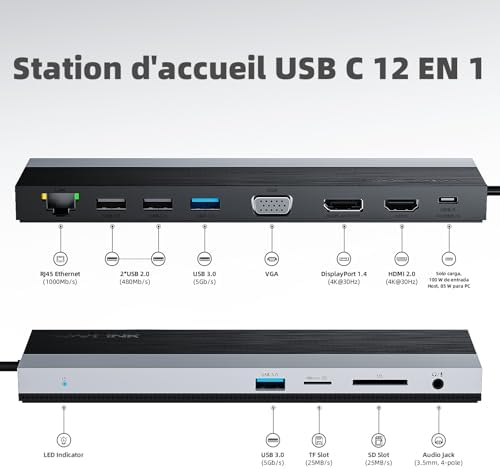 Station d'accueil USB-C 3 moniteurs avec HDMI, DP, VGA, 100 W PD, USB3.0&2.0, RJ45, emplacements SD/TF, Audio/Microphone, pour Lenovo/HP/Dell, etc. - Gris