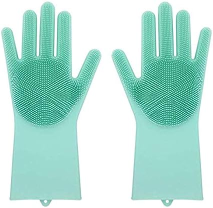 Magic Silicone Dish Washing Reusable Gloves with Scrubbers(13.6" Large), Heat Resistant, for Cleaning, Household, Dish Washing, Washing The Car,Pet (Green)