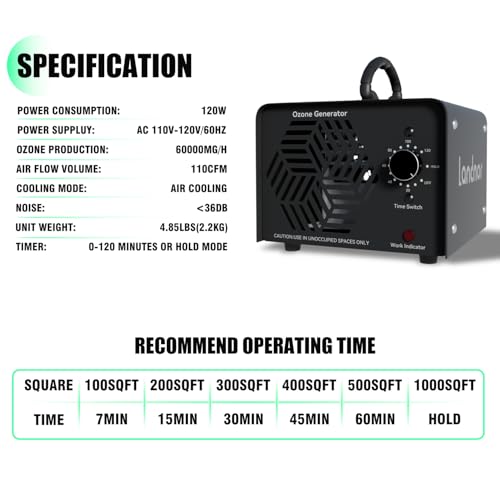 Ozone Generator 60,000mg/h, Ozone Air Purifier Deodorizer for Areas of 6,000 Square Feet, Efficient odor removal for Home, Basement, Smoke, Pet Room,Factory,Mall