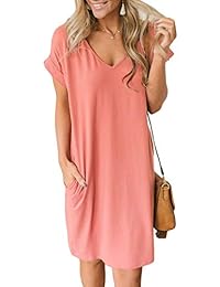 Vestido para dama, cuello en V, liso, manga corta, casual, con bolsillos sueltos, tallas S-XXL