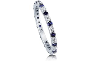 BERRICLE Sterling Silver Wedding Rings Simulated Blue Sapphire Pave Set Round Cut Cubic Zirconia CZ Anniversary Eternity Ring for Women, Rhodium Plated
