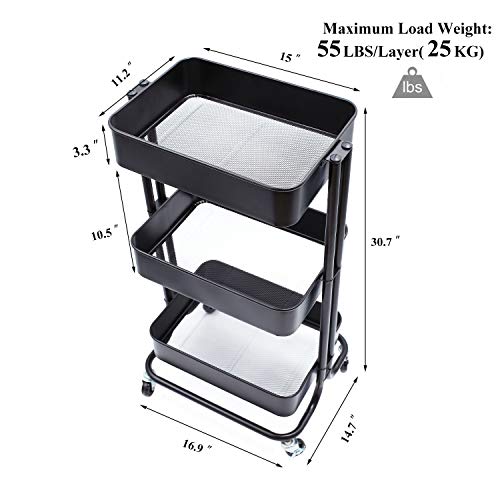 Ovicar 3-Tier Metal Rolling Utility Carts, Heavy-Duty Storage Shelves, Trolley Organizer with Handles and Wheels for Office Home Kitchen Bathroom Organization, Black
