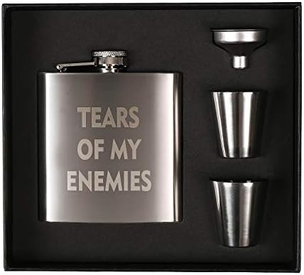 Funny Hip Flask for Liquor, Tears of My Enemies, Funny Gift for Men, 6 oz Stainless Steel with Cups and Funnel
