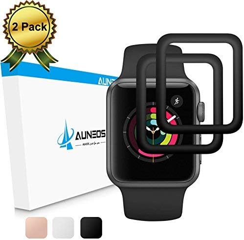 Apple Watch Screen Protector [Series 3/2] AUNEOS Edge Curved Tempered Glass for Apple Watch 38mm Series 3 [2 Pack] Full Coverage Glass Protector for Apple Watch 3/2 (38mm, Black)