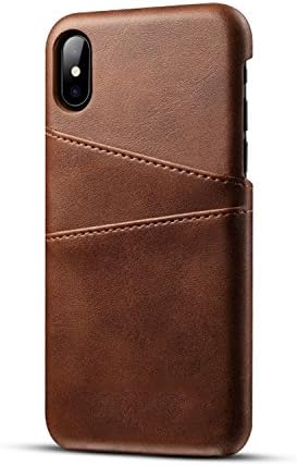 iPhone X - Leather Case with Card Holder, Support Wireless Charging. Thinnest Genuine Leather Cover. Coffee Brown