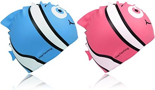 Yeeteching Kids Swim Cap, Pack of 2, Fun Design Silicone Toddler Swim Cap for Boys and Girls Aged 3-12