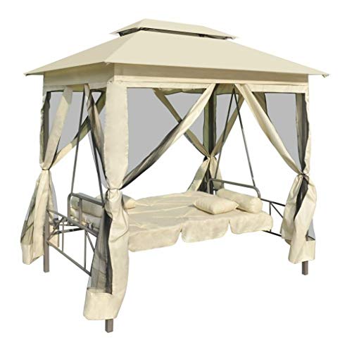AyaMastro Outdoor 86.6" L Cream White Sun Shade Gazebo Swing Chair Canopy Patio Bed Bench w/Curtain & Pillow with Ebook - Thumbnail 6