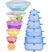 [12pack] Longzon Silicone Stretch Lids 6 Clear Round 6 Blue Rectangle, Magic lids Reusable Food Covers for Bowls, Cups…