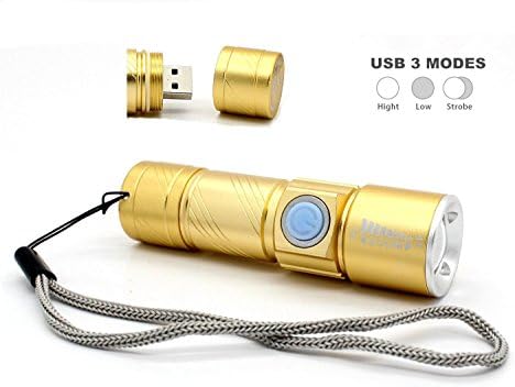 Starsea Mini USB Rechargeable LED Handheld Flashlight Torch Adjustable Focus Zoom Aluminum Alloy Portable Light Lamp for Camping, Hiking, Hunting & Indoor Activities-3.66 Inch, Gold