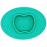 Silicone Baby Placemat Bowl-Highchair Feeding Tray Round Suction Plate for Kids Toddlers Kitchen Dining Table with Built in Bowl, Weaning Travel Bowl for Children (Bowl Green)